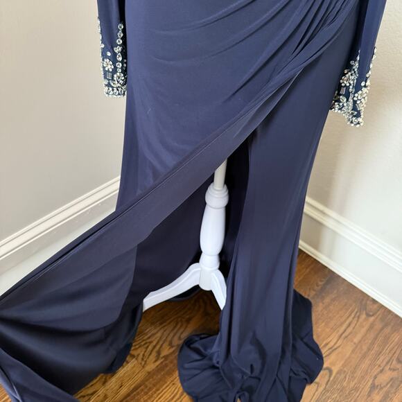 Mac Duggal Navy Beaded Cuff Drop Shoulder Faux Wrap Gown Size 4 $398 - Picture 10 of 11